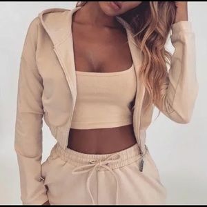 Meshki tan cropped zip up and joggers